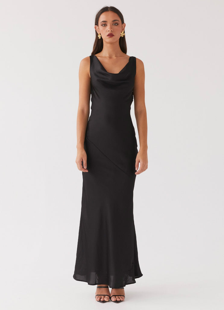 Womens Be Mine Satin Maxi Dress in the colour Black in front of a light grey background