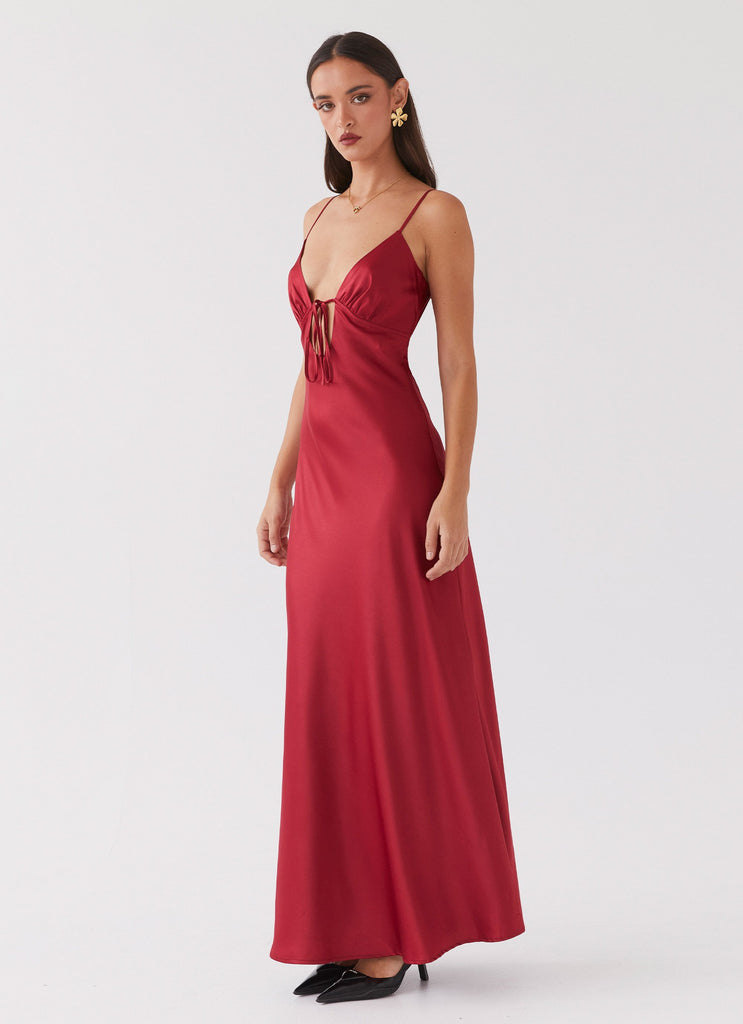 Womens Flora Satin Maxi Dress in the colour Cherry in front of a light grey background