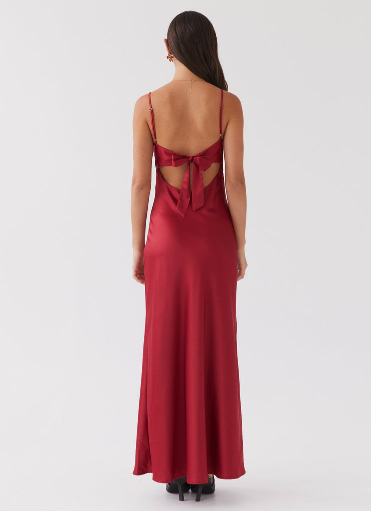 Womens Flora Satin Maxi Dress in the colour Cherry in front of a light grey background