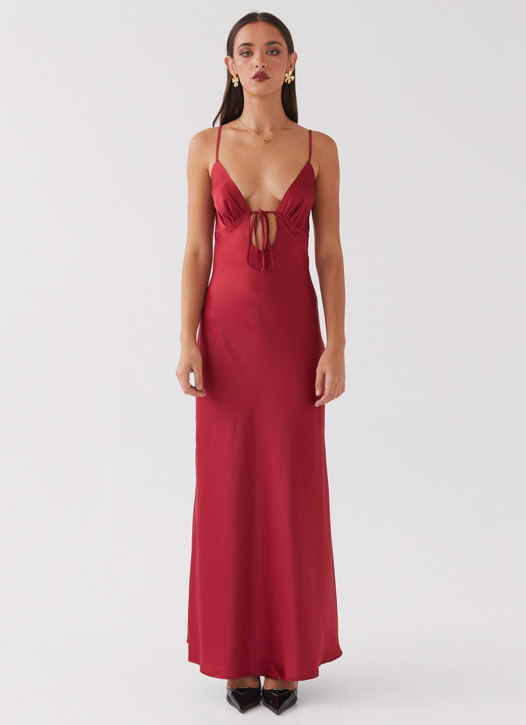 Womens Flora Satin Maxi Dress in the colour Cherry in front of a light grey background