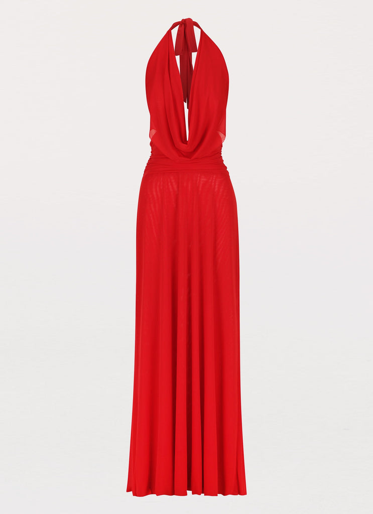 Womens Elysia Mesh Maxi Dress in the colour Cherry Red in front of a light grey background