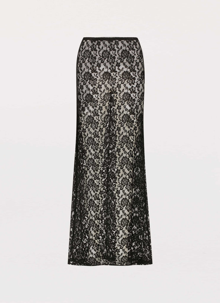 Womens Zephyra Lace Maxi Skirt in the colour Black in front of a light grey background