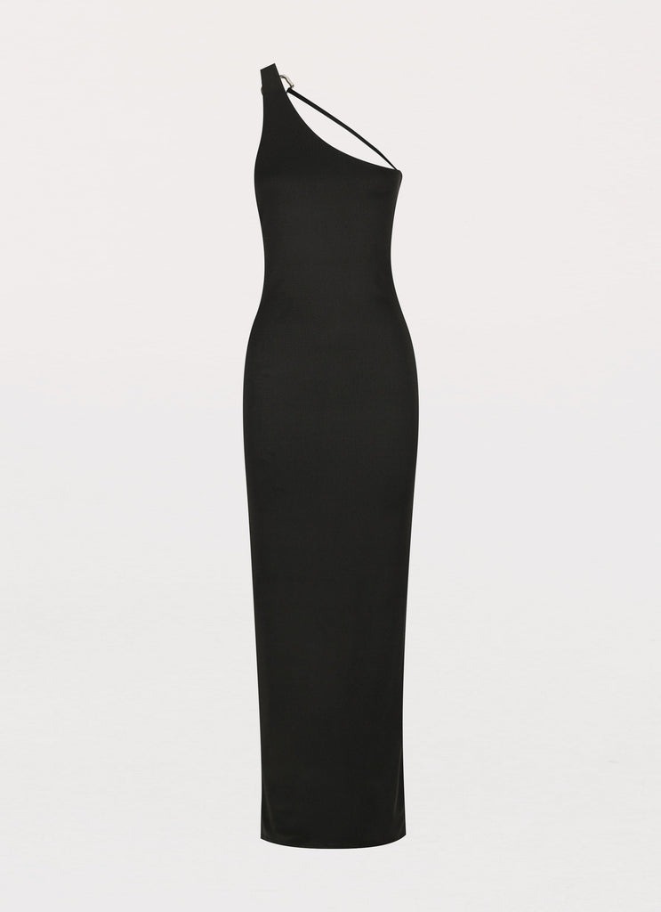 Womens Iris Backless Maxi Dress in the colour Black in front of a light grey background