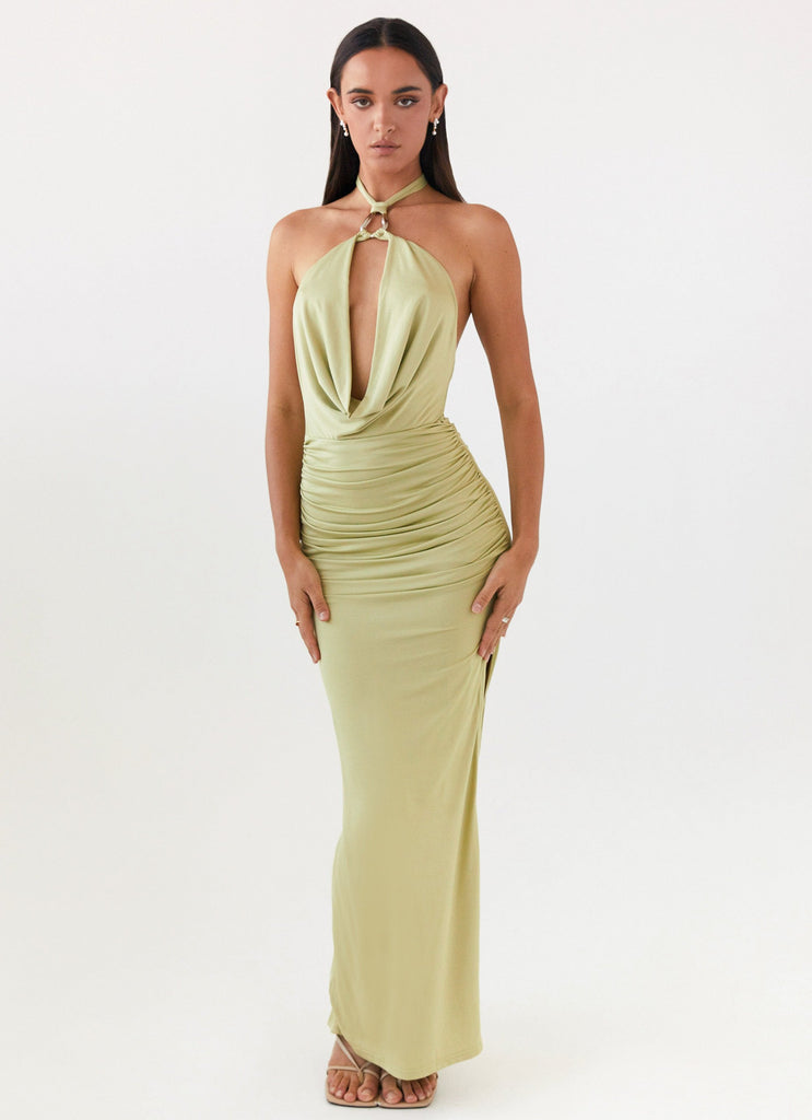 Womens Samara Halterneck Maxi Dress in the colour Sage in front of a light grey background