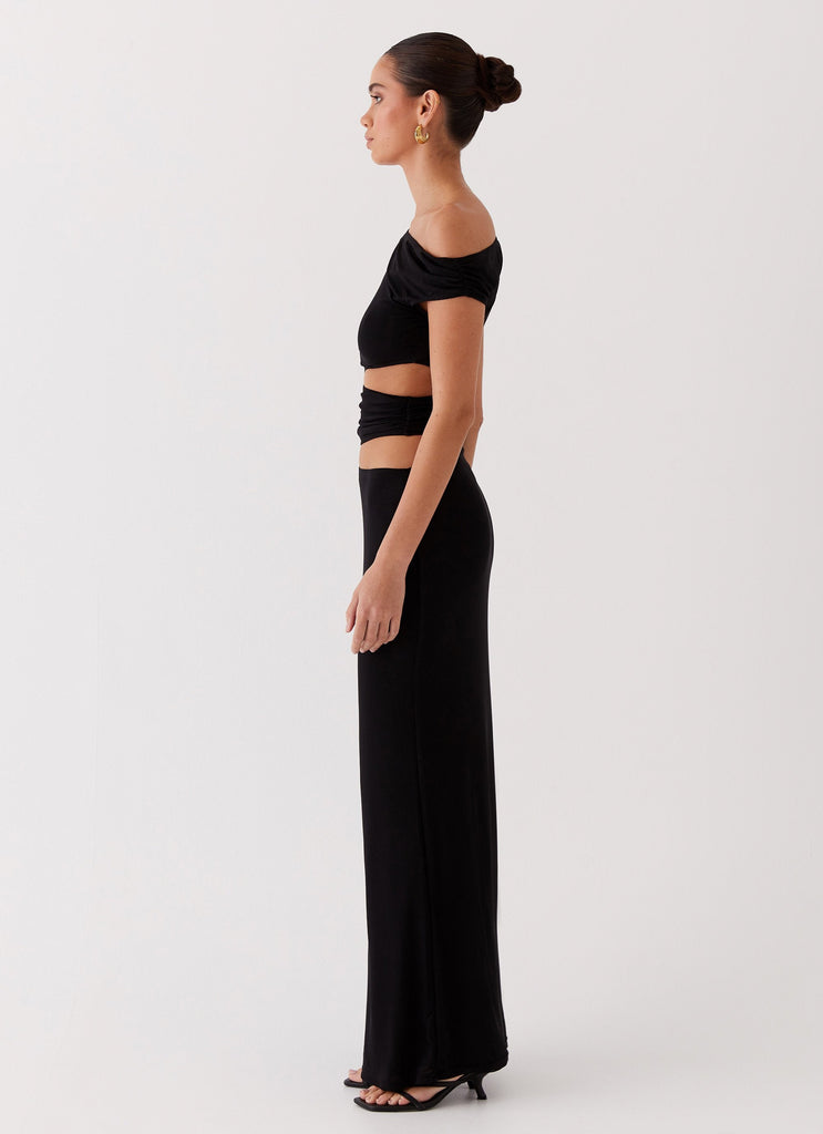 Womens Margot One Shoulder Maxi Dress in the colour Black in front of a light grey background