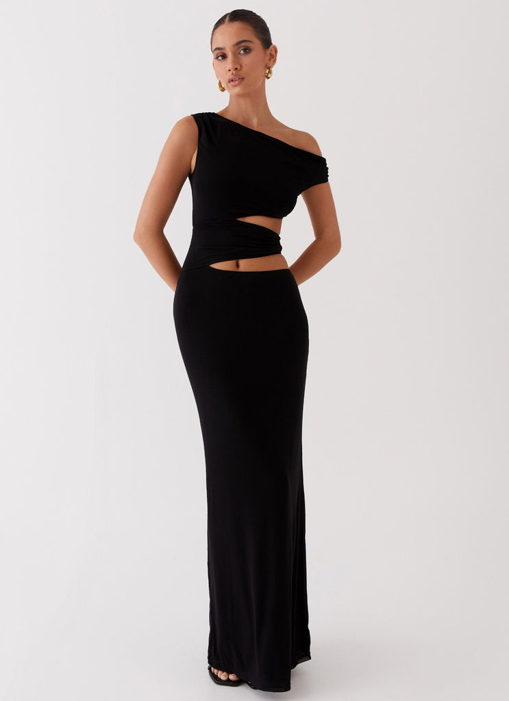 Womens Margot One Shoulder Maxi Dress in the colour Black in front of a light grey background