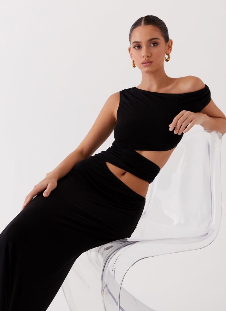 Womens Margot One Shoulder Maxi Dress in the colour Black in front of a light grey background