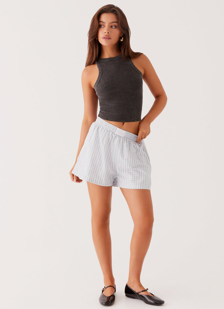 Womens Brightwell Boxer Shorts in the colour Blue Gingham in front of a light grey background