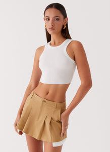 Womens Tegan Cargo Mini Skirt in the colour Tan in front of a light grey background