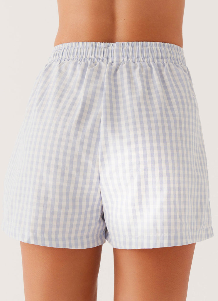 Womens Brightwell Boxer Shorts in the colour Blue Gingham in front of a light grey background