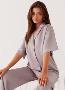 Womens Palm Cove Satin Shirt in the colour Grey in front of a light grey background