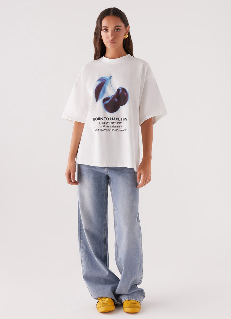 Womens Born To Have Fun Oversized Graphic Tee in the colour Cherry in front of a light grey background