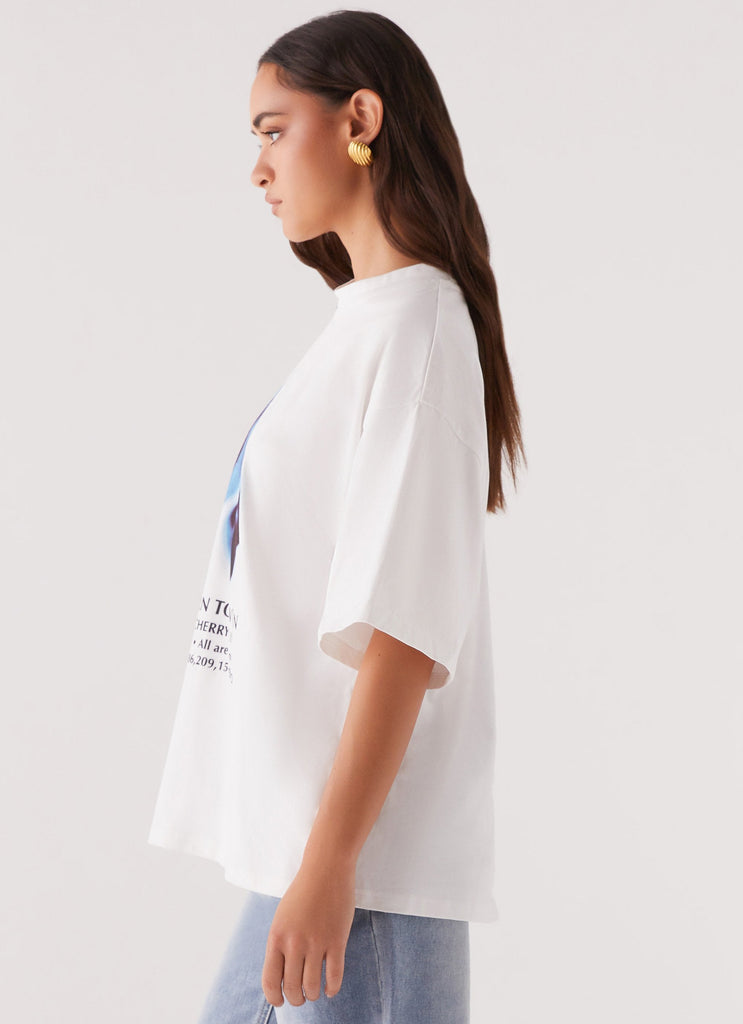 Womens Born To Have Fun Oversized Graphic Tee in the colour Cherry in front of a light grey background