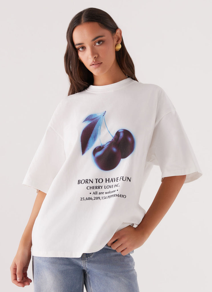 Womens Born To Have Fun Oversized Graphic Tee in the colour Cherry in front of a light grey background