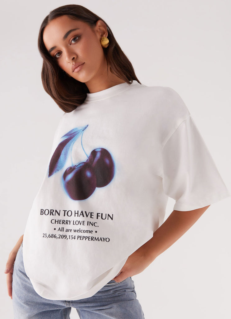 Womens Born To Have Fun Oversized Graphic Tee in the colour Cherry in front of a light grey background