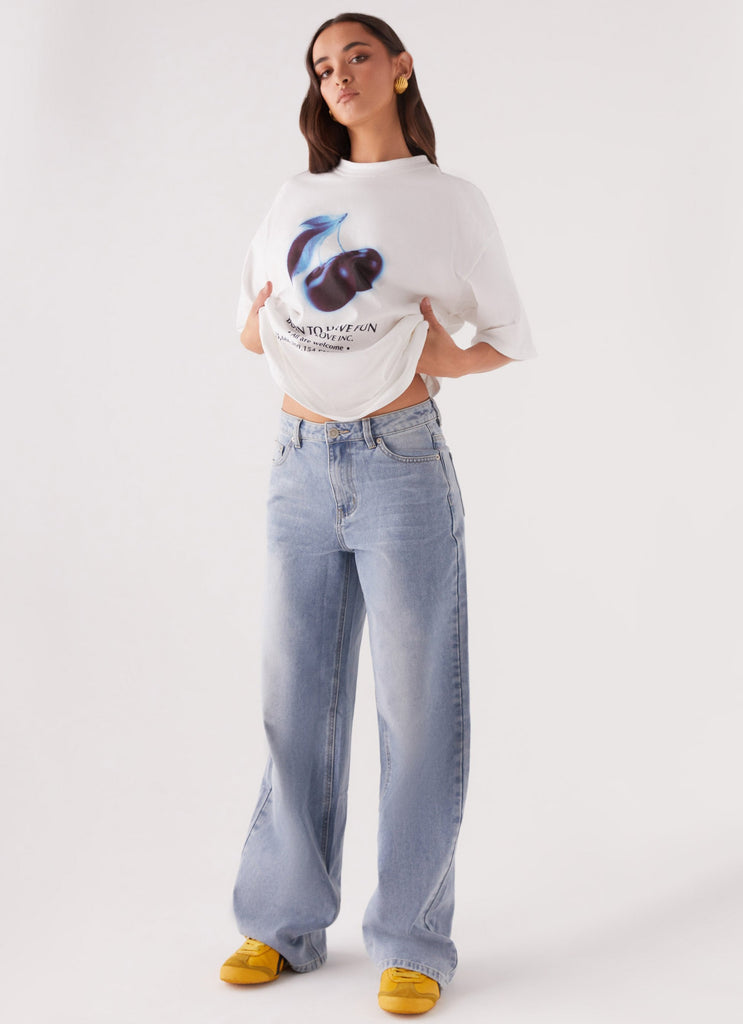 Womens Born To Have Fun Oversized Graphic Tee in the colour Cherry in front of a light grey background
