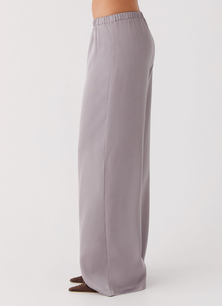 Womens Palm Cove Satin Pants in the colour Grey in front of a light grey background