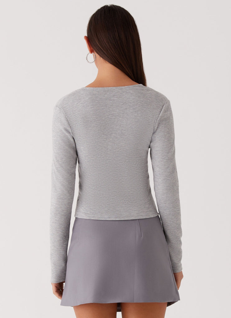 Womens Kellie Knit Long Sleeve Top in the colour Grey in front of a light grey background