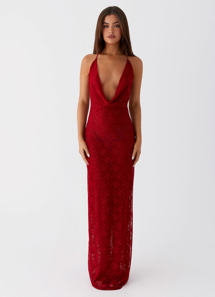 Womens Champagne Coastline Maxi Dress in the colour Dark Red in front of a light grey background