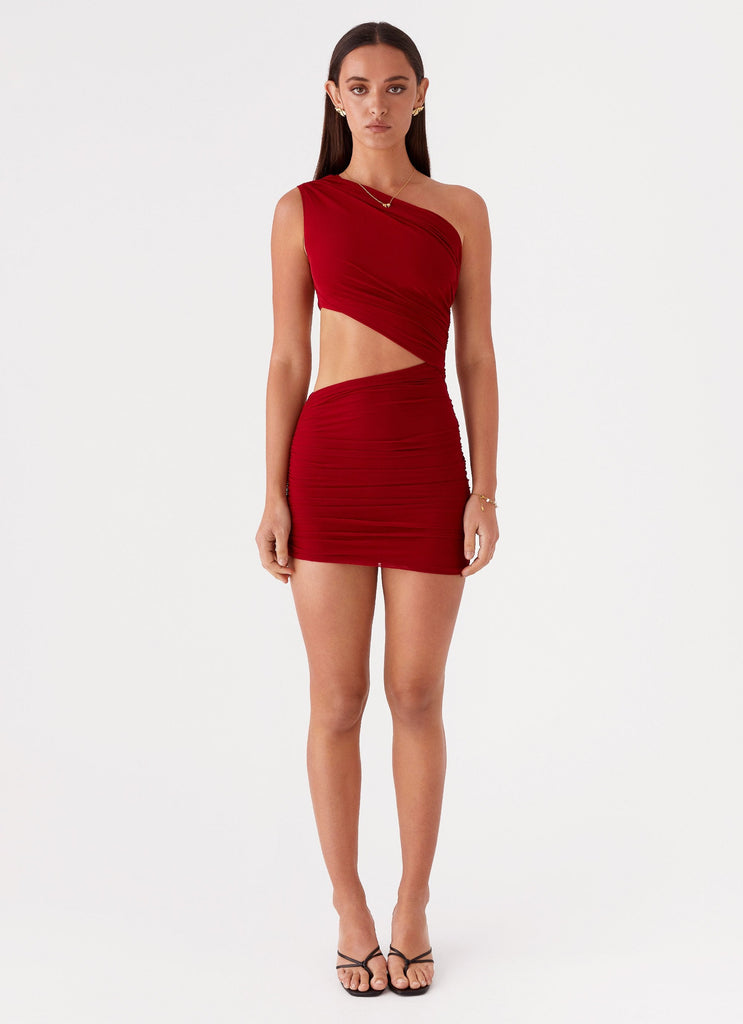 Womens Addie Mini Dress in the colour Ruby Red in front of a light grey background