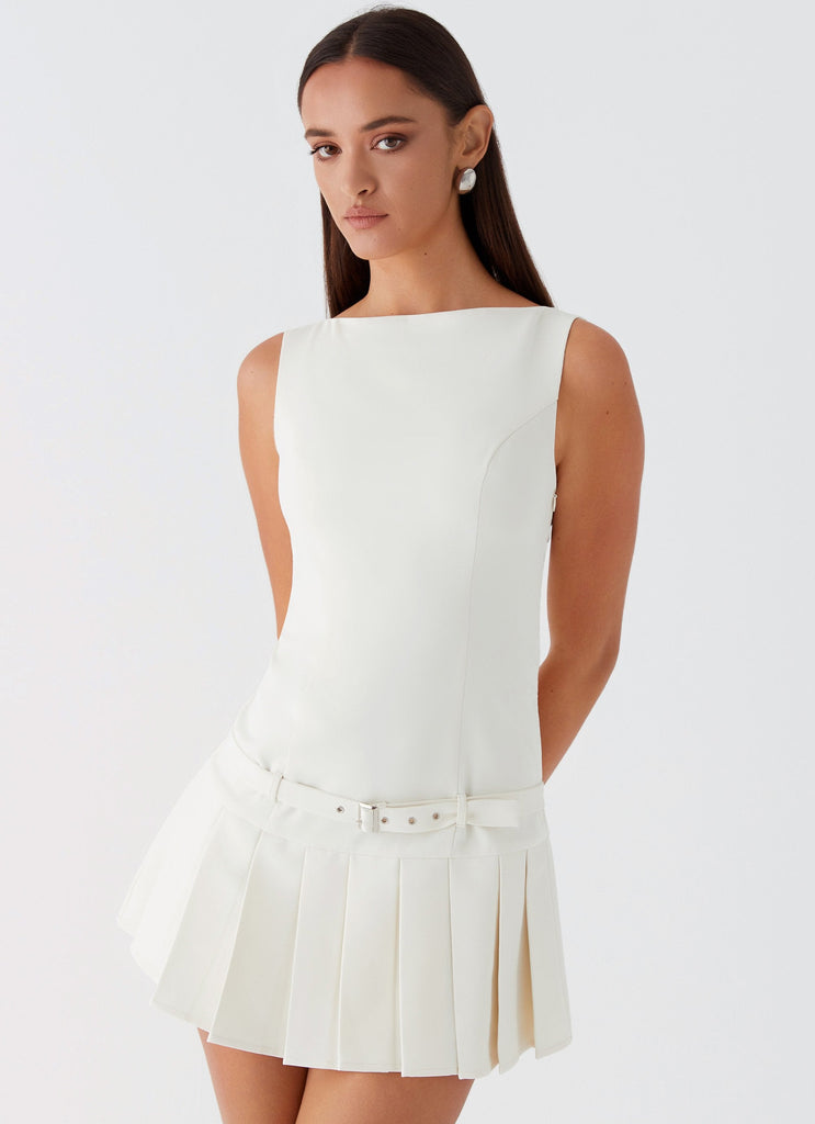 Womens No More Excuses Belt Mini Dress in the colour Ivory in front of a light grey background