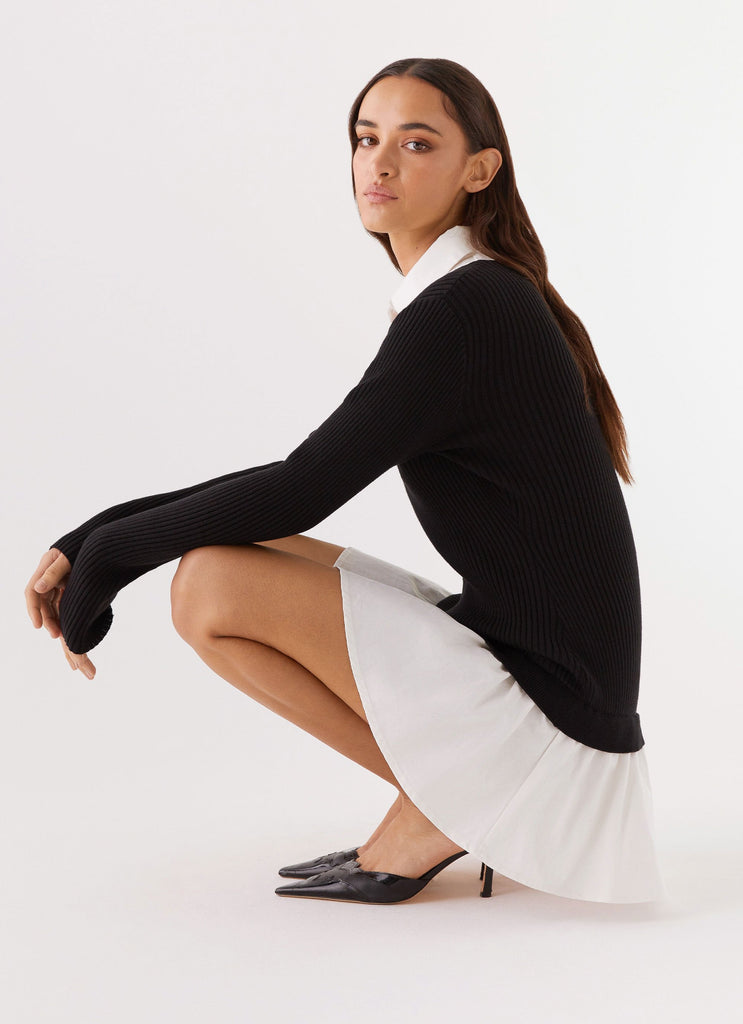 Womens Somerville Knitted Shirt Dress in the colour Black/White in front of a light grey background