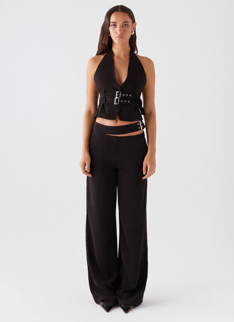 Womens Rina Belt Halterneck Top in the colour Black in front of a light grey background