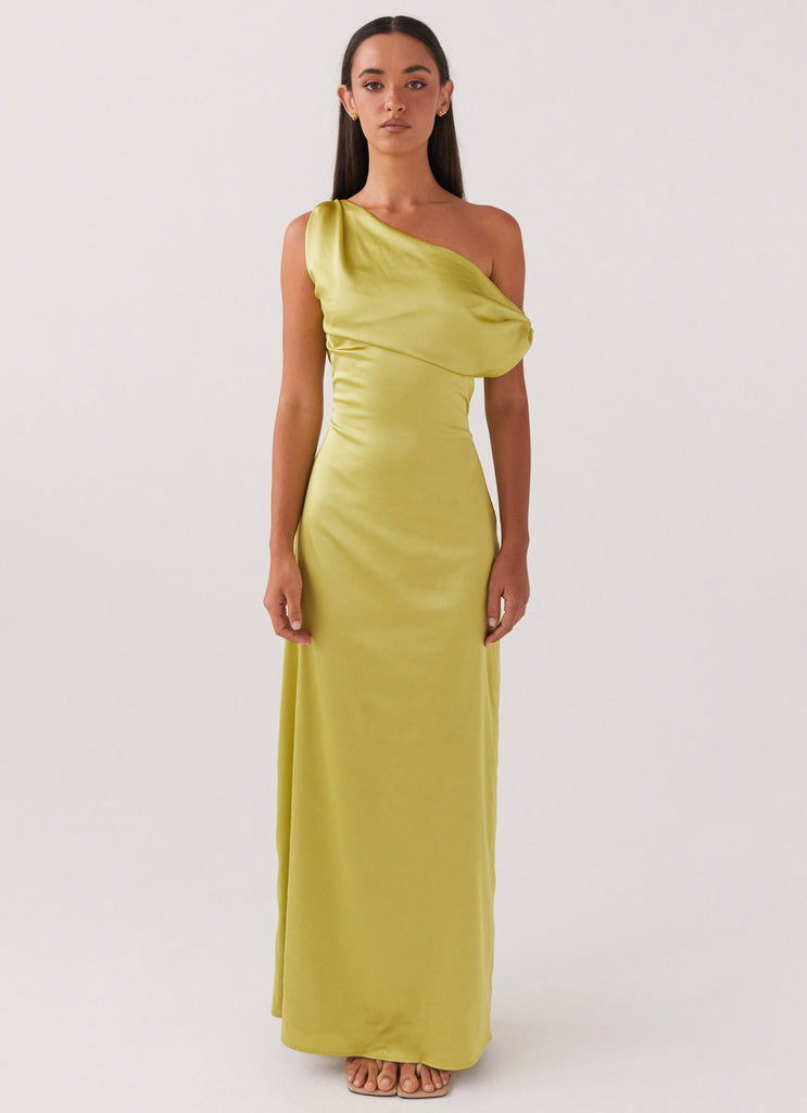 Womens Heart Of Glass Satin Maxi Dress in the colour Chartreuse in front of a light grey background