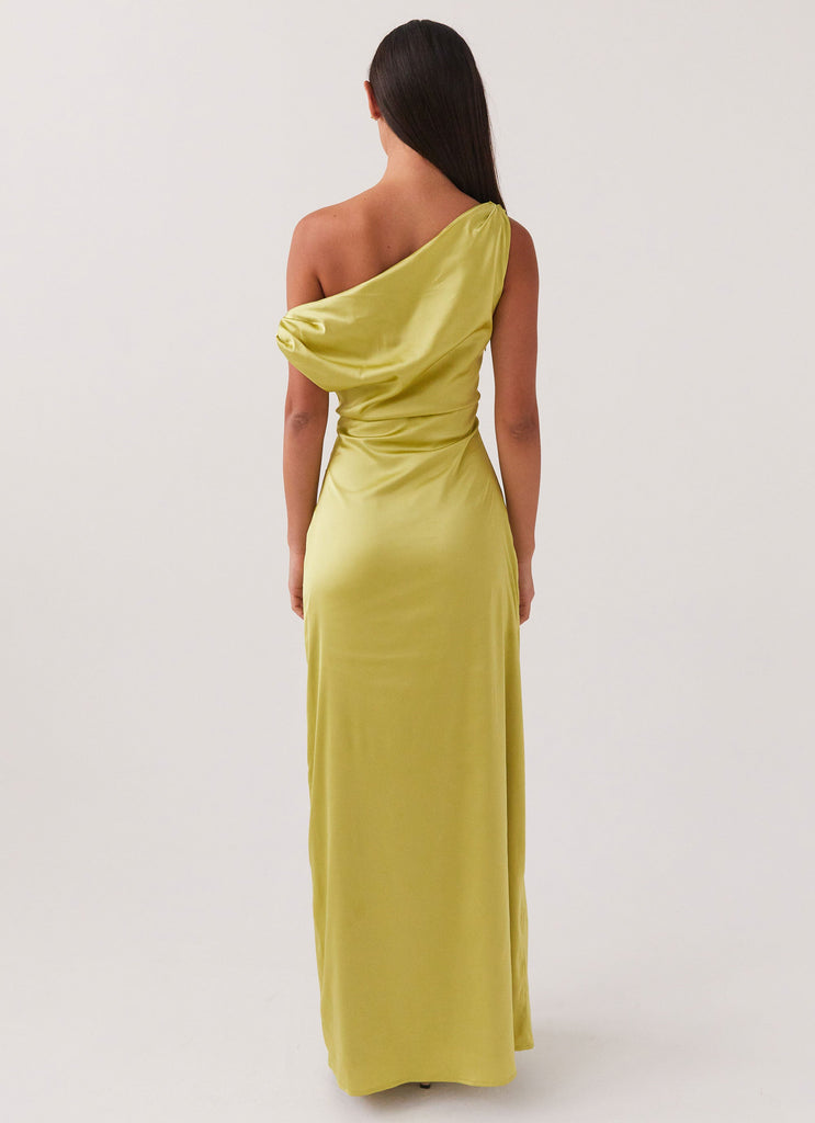 Womens Heart Of Glass Satin Maxi Dress in the colour Chartreuse in front of a light grey background