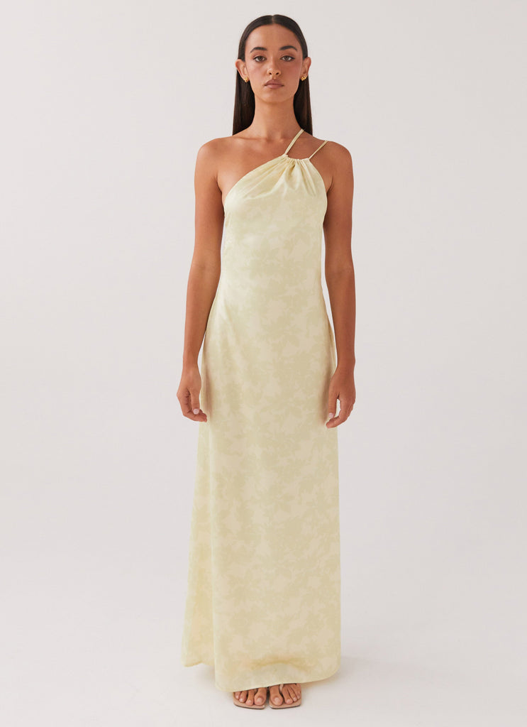 Womens Liliana One Shoulder Maxi Dress in the colour Yellow Floral in front of a light grey background