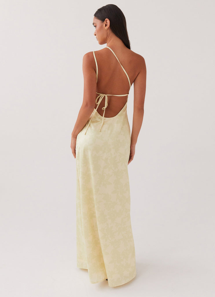 Womens Liliana One Shoulder Maxi Dress in the colour Yellow Floral in front of a light grey background