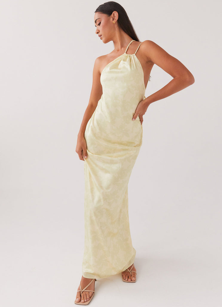 Womens Liliana One Shoulder Maxi Dress in the colour Yellow Floral in front of a light grey background