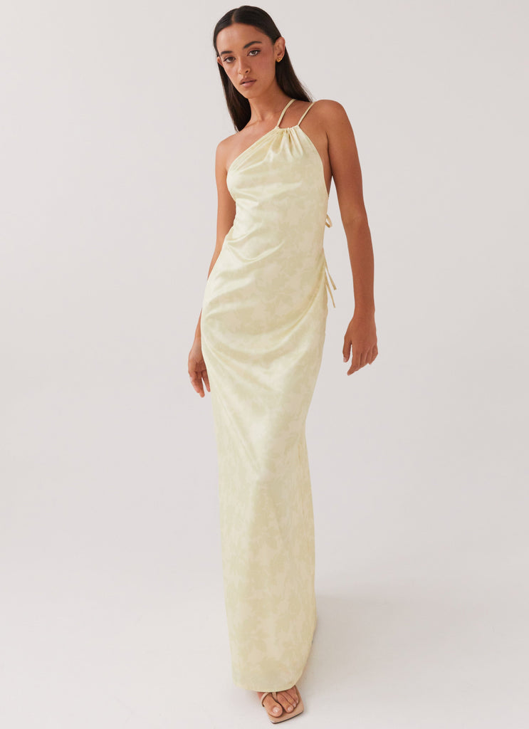 Womens Liliana One Shoulder Maxi Dress in the colour Yellow Floral in front of a light grey background