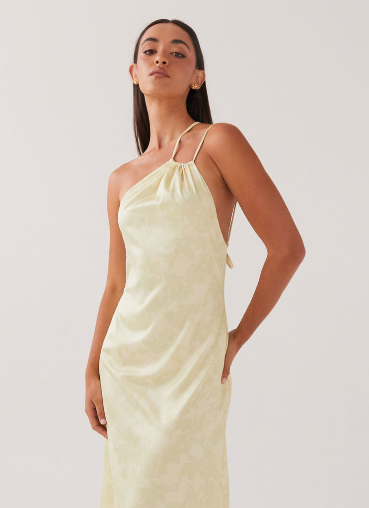 Womens Liliana One Shoulder Maxi Dress in the colour Yellow Floral in front of a light grey background