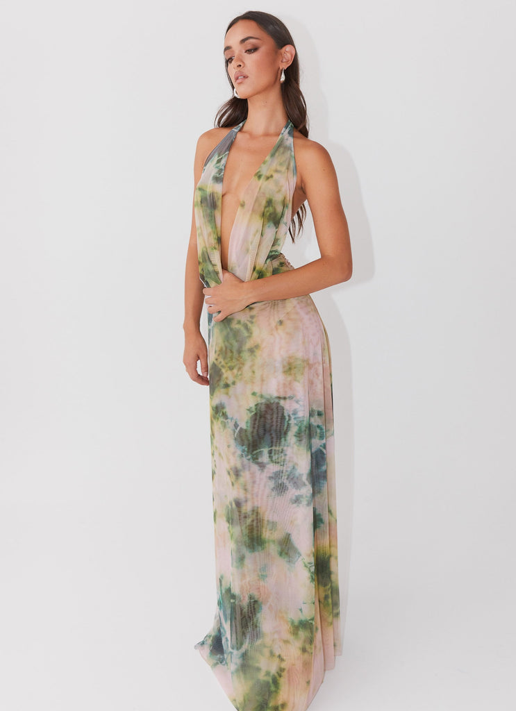 Womens Elysia Mesh Maxi Dress in the colour Rainforest in front of a light grey background