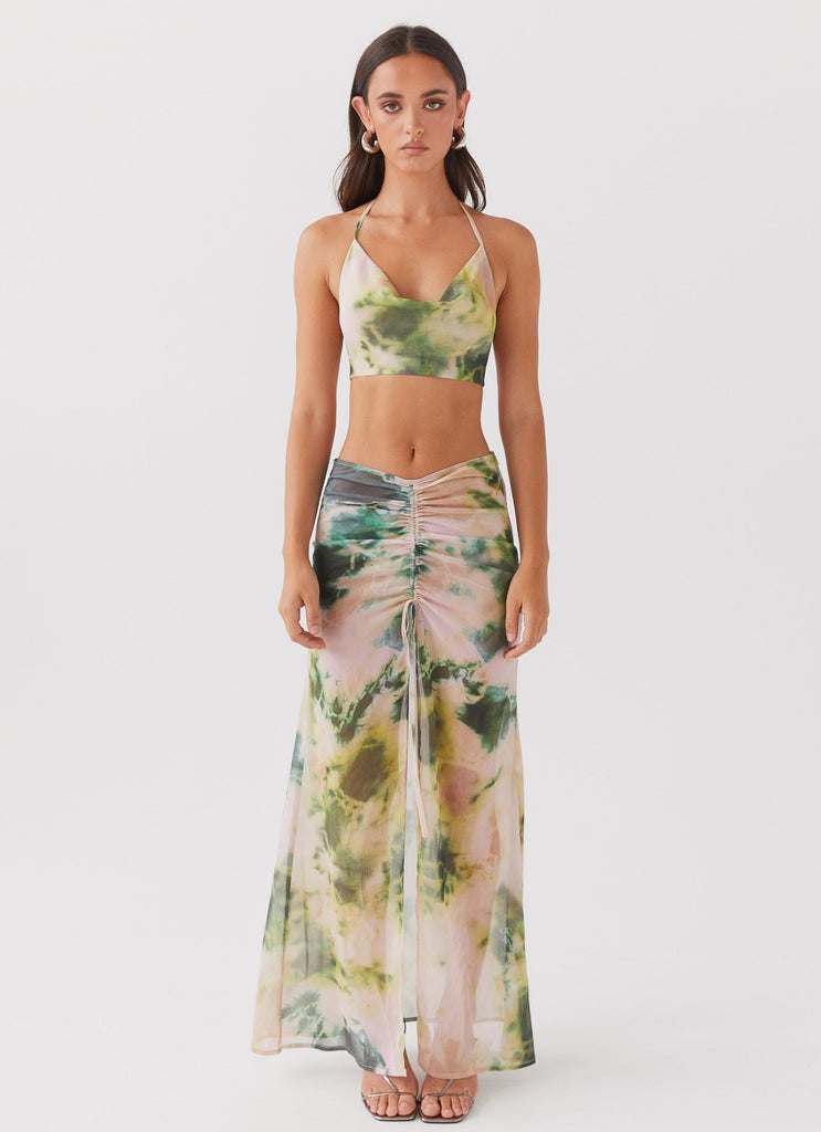 Womens Zenta Ruched Maxi Skirt in the colour Rainforest in front of a light grey background