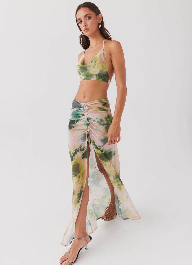 Womens Zenta Ruched Maxi Skirt in the colour Rainforest in front of a light grey background