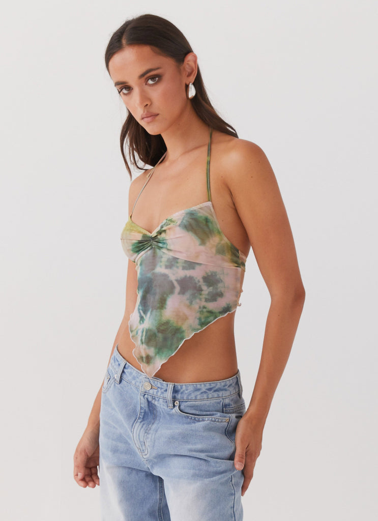 Womens Radiant Dream Mesh Halterneck Top in the colour Rainforest in front of a light grey background