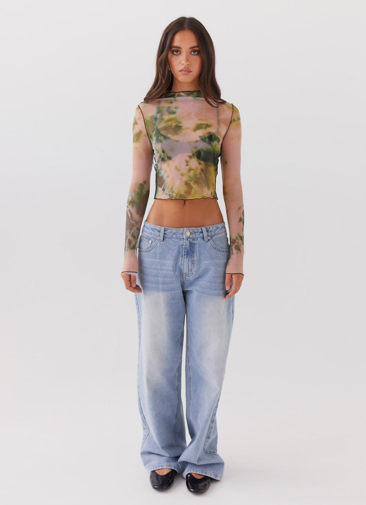 Womens Neon Serenade Mesh Long Sleeve Top in the colour Rainforest in front of a light grey background