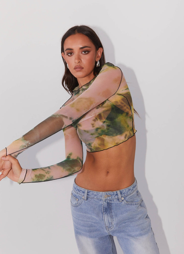 Womens Neon Serenade Mesh Long Sleeve Top in the colour Rainforest in front of a light grey background