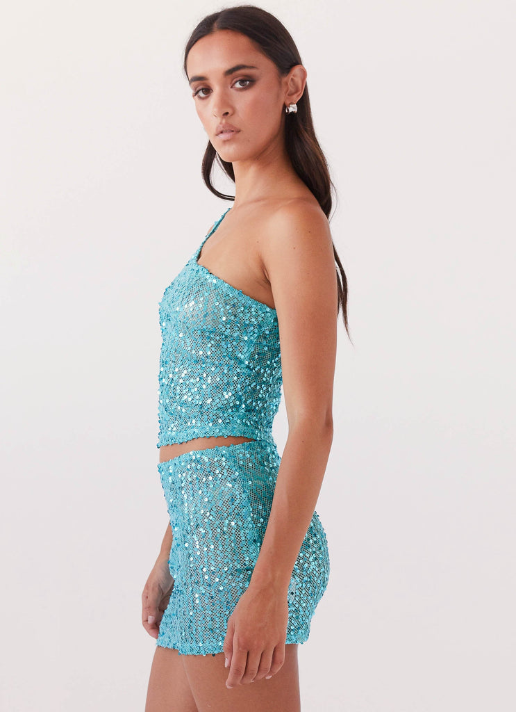 Womens Neon Nights Sequin One Shoulder Top in the colour Crystal in front of a light grey background