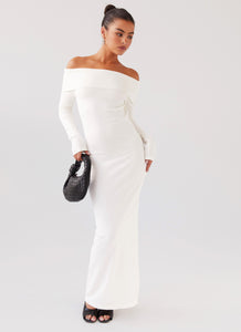 Womens Alexandra Off Shoulder Knit Maxi Dress in the colour Ivory in front of a light grey background