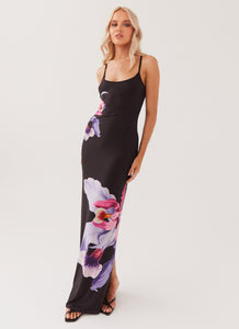 Womens Bad News Mesh Maxi Dress in the colour Black Tulip in front of a light grey background