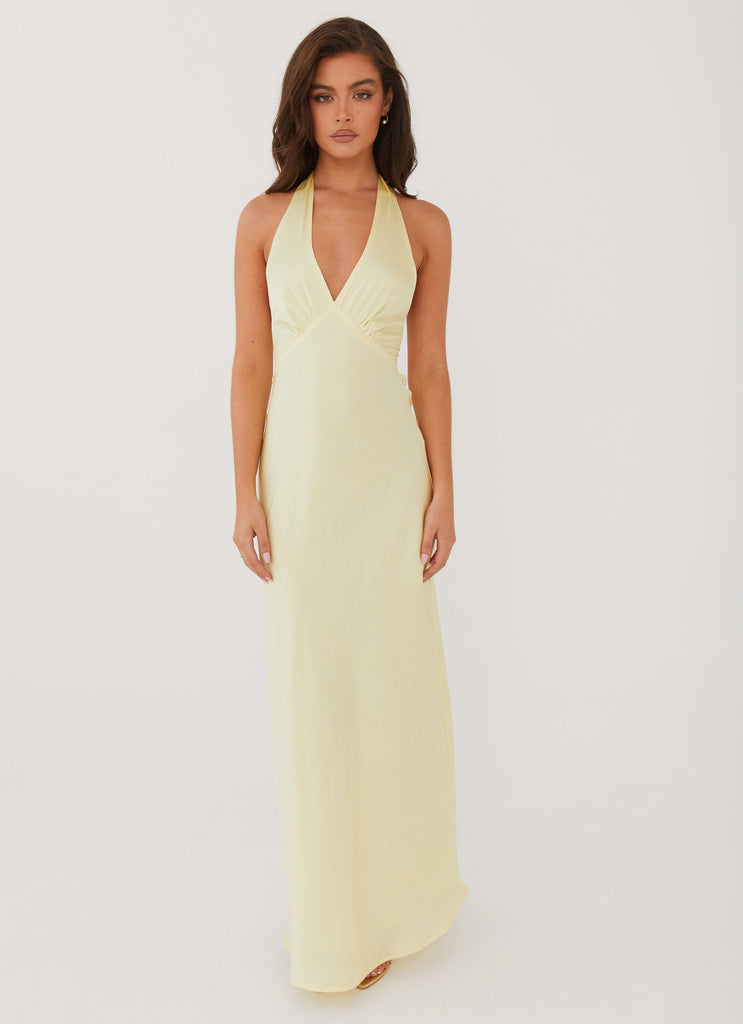 Womens Heavy Hearted Satin Maxi Dress in the colour Lemon in front of a light grey background