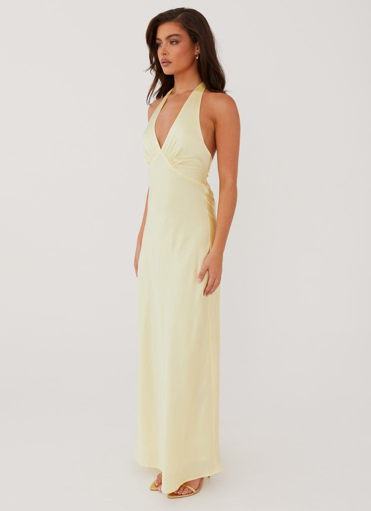 Womens Heavy Hearted Satin Maxi Dress in the colour Lemon in front of a light grey background