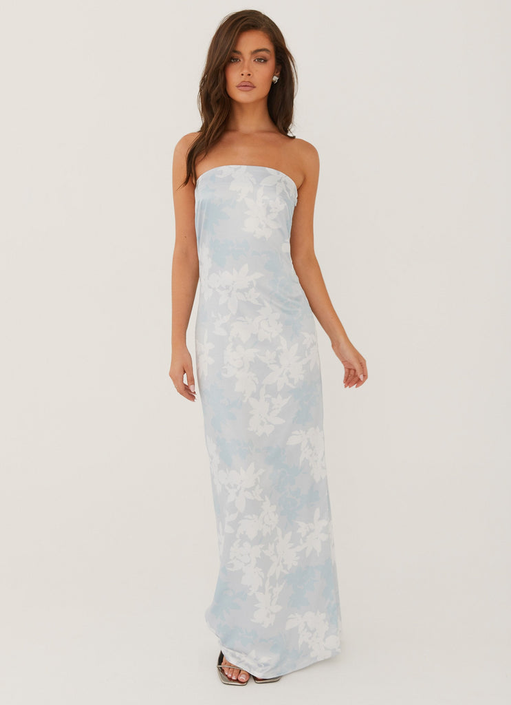 Womens Love Me More Maxi Dress in the colour Blue Blossom in front of a light grey background