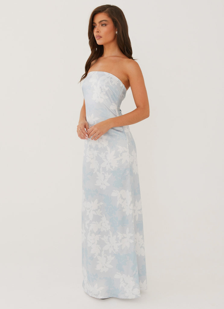 Womens Love Me More Maxi Dress in the colour Blue Blossom in front of a light grey background