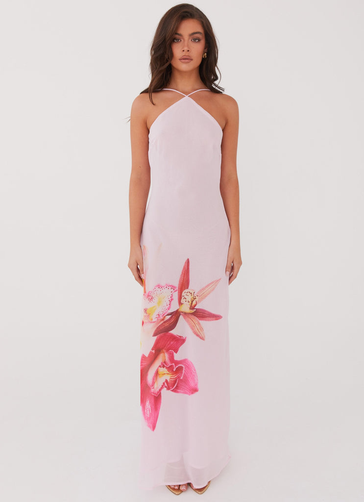 Womens Blossom Hearts Maxi Dress in the colour Pink Peony in front of a light grey background