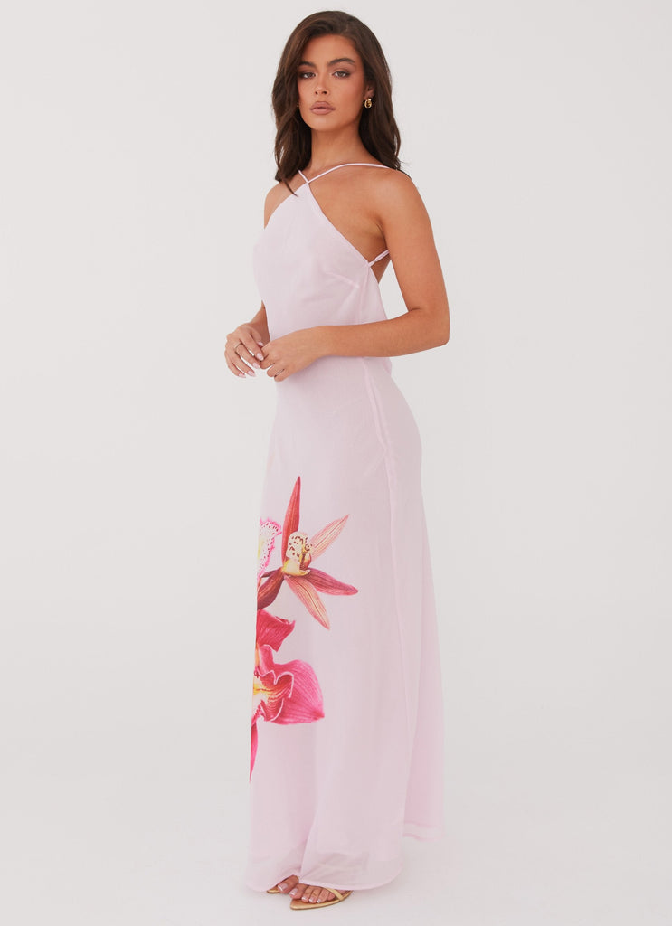 Womens Blossom Hearts Maxi Dress in the colour Pink Peony in front of a light grey background