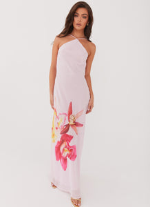 Womens Blossom Hearts Maxi Dress in the colour Pink Peony in front of a light grey background